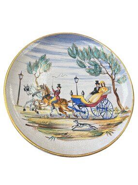 Vintage Handpainted Italy Horse Carriage 12 inch round wall decor SKU 10-056
